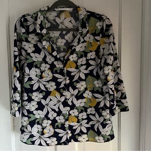 Zara Trafaluc Floral 3/4 length Sleeve Blouse Size sm blue white green yellow